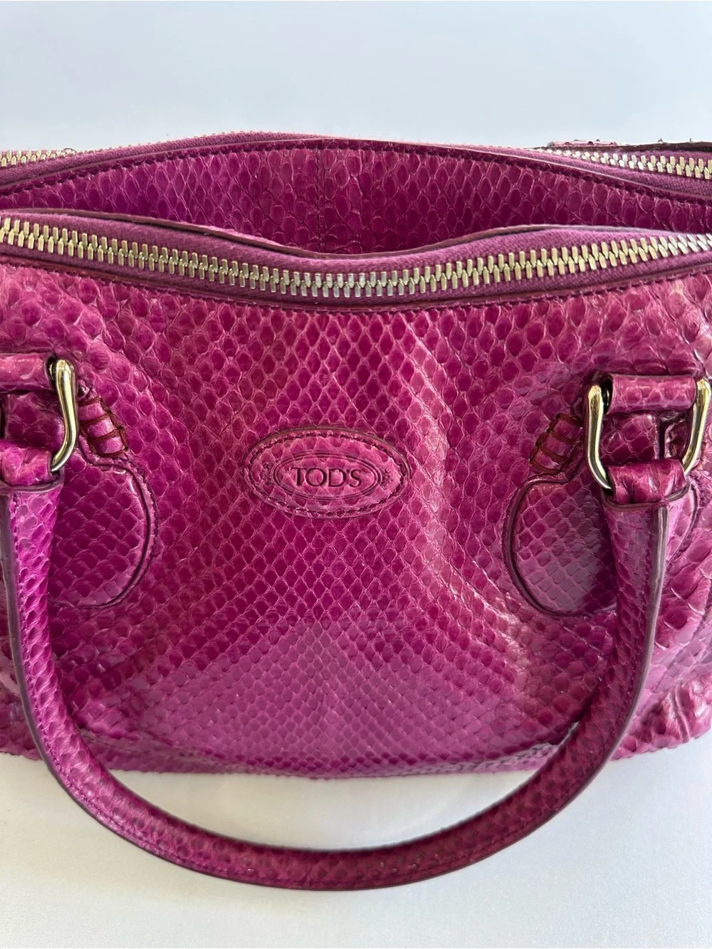 TOD'S Fuchsia Genuine Python  Satchel with Gold Hardware
